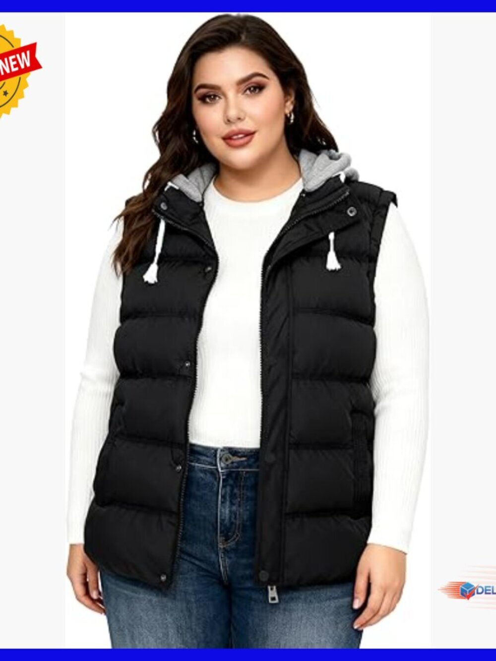 Plus Size Puffer Vest with Removable Hood, Quilted Winter Vest, Waterproof